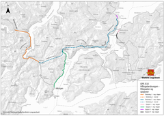 Bildet er et kart som hviser hvor den nye vegen bygges. Bildetksten sier, OPS Hålogalandsvegen. Det skal bygges 82 kilometer ny veg mellom Harstad, Evenes, Lødingen og Sortland