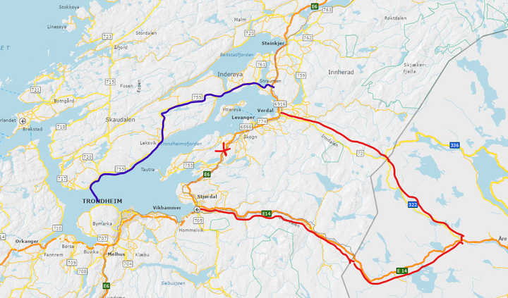 Omkjøringsveg er via fylkesveg 755 for kjøretøy opp til 50 tonn. Modulvogntog kan ikke benytte denne omkjøringen. Alternativt kan man kjøre via E14 i Sverige.
