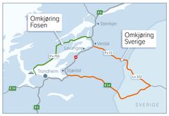 Anbefalt omkjøringsalterativ for langtransport og gjennomgangstrafikk i nordre Trøndelag.