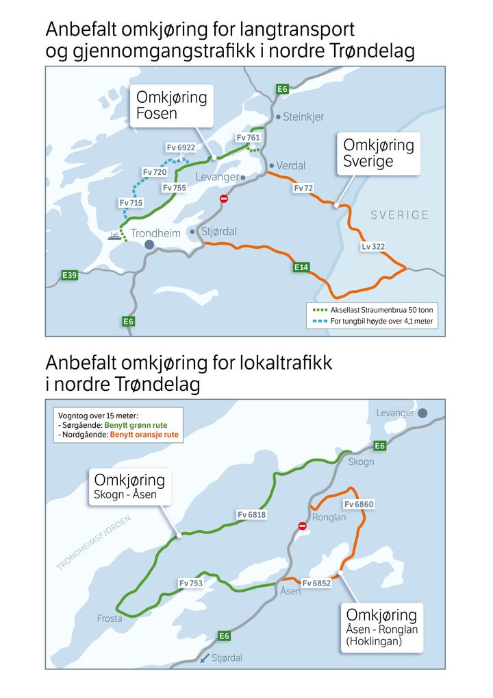 Anbefalte omkjøringsveger etter raset på E6 i Levanger.