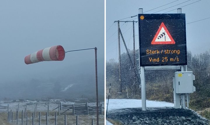 E6 over Dovrefjell lørdag formiddag: Snø og sterk vind. Foto: Frode Stordal, Stian Brenden Maskinservice AS