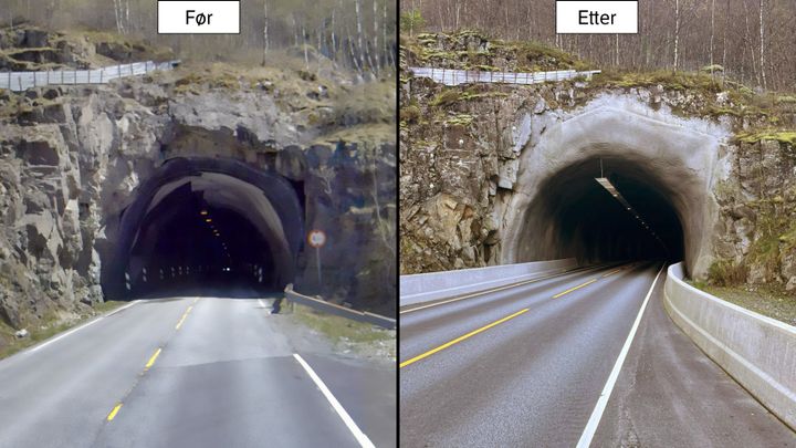 Vågstunnelen før og etter stor utbetring, gjort samtidig som ordinære vedlikehaldsoppgåver. Biletet viser utbetringane både i vass- og frontsikring ved opninga, og kor mykje betre belysninga har vorte. Begge foto: Statens vegvesen