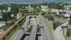 Illustrasjon av inngangsportal til Høviktunnelen sett fra Strand. Her blir det tunnneler på tre nivåer, Høviktunnelen nederst, Gjønnestunnelen over og lokalvei under lokk øverst.