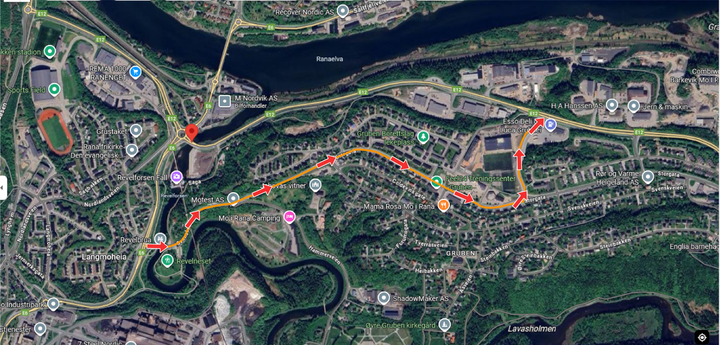 I to uker fremover blir det nattarbeid på Revelåga bru på E12 i Rana. Kartet viser omkjøring for trafikken som skal i retning Sverige.