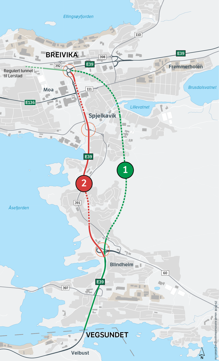 Statens vegvesen har besluttet å skrinlegge alternativ 2 (rød veglinje) på strekninga E39 Vegsund-Breivika.