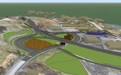 Slik blir det ferdige krysset sett vestover, Vegsundbrua ligg utanfor høgre biletkant.