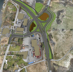 Illustrasjon av det nye krysset sett rett ovanfrå. Løysinga gir god tilknytning til E39 og lokalvegnettet, og betrar trafikktryggleiken.