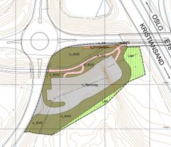 Tegning av den nye kollektivterminalen ved siden av rundkjøring og E18.