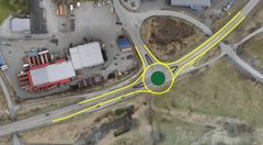 Illustrasjonen viser nytt køyremønster med rundkøyring i E39 Veibustkrysset. Rundkøyringa får rabattar, og fartsgrensa gjennom krysset blir no sett ned til 50 km/t.