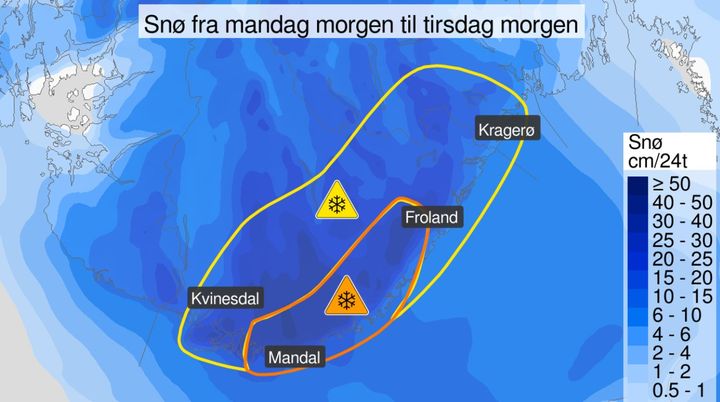 Det er ventet opptil 40 cm snø i ytre strøk av Agder mandag og natt til tirsdag. (Illustrasjon: Meteorologisk institutt)