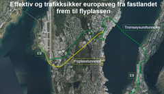 Bildet viser hvor det nye veganlegget skal bygges. Bildeteksten sier, E8 Flyplasstunnelen - Kartet viser ny E8 fra Breivika frem til flyplassen i Tromsø. Gul markering.