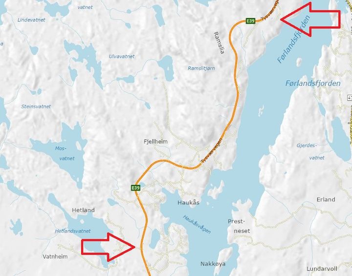 Med gang- og sykkelveg fra Hetland i sør til Apeland i nord, blir det eit samanhengande tilbod for mjuke trafikantar frå Gismarvik i sør til kommunesenteret Aksdal i nord. Kart: Statens vegvesen