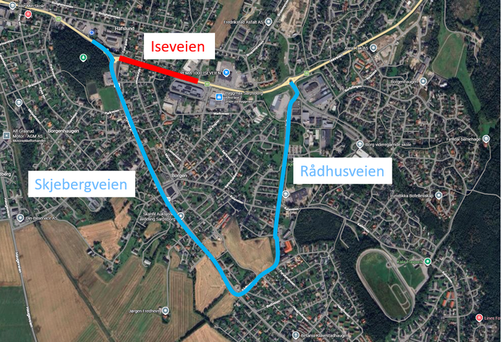 Midlertidig omkjøring via Rådhusveien og Skjebergveien blir skiltet og vil være som følgende: Rundkjøring Iseveien (rv.22)/Rådhusveien - Rådhusveien - Skjebergveien (fv.118) - Hafslunds gate (rv.22).