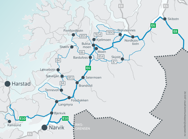 Kart over særlig berørte veier under NATO-øvelsen.