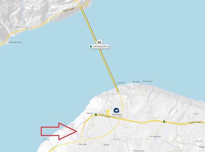Rv. 13 Butunnelen ligg like sør for Hardangerbrua. Kart: Statens vegvesen