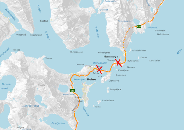 Kart som viser plasseringen av to bruer på E10 ved Reine i Lofoten.