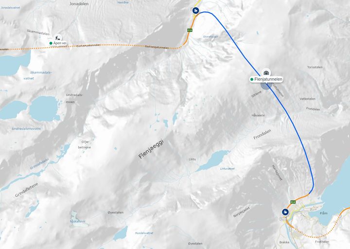 I samband med brannøving i Flenjatunnelen vil også Gudvanga og Flenja verta stengde. Kart: Statens vegvesen/175.no