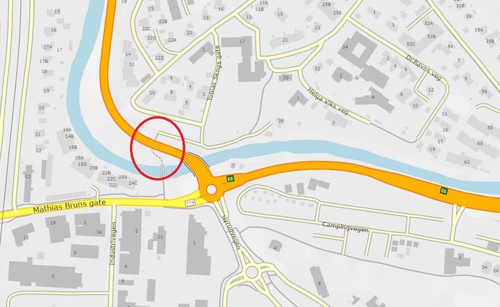 E6 Skjervengan kulvert er markert med rød sirkel. Kart: Statens vegvesen