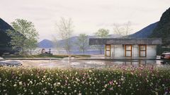Illustrasjon av et servicebygg med toalett ved parkeringsplass og oppholdsareal i fjordlandskap, med personer, vegetasjon og fjell i bakgrunnen.