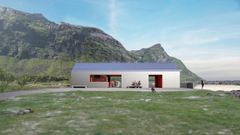 Illustrasjon av nytt servicebygg ved Ersfjordstranda med gangvei i forgrunnen, fjell i bakgrunnen og havet til høyre.