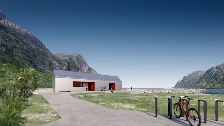 Illustrasjon av nytt servicebygg ved Ersfjordstranda med gangvei i forgrunnen, fjell i bakgrunnen og havet til høyre.