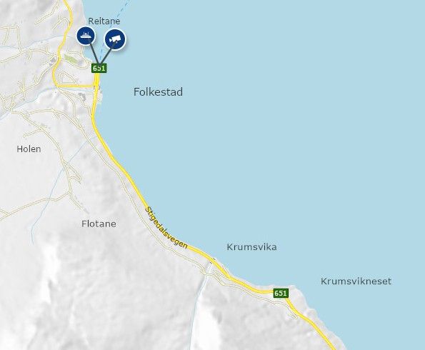 Område nord: Mellom Folkestad og Krumsvika skal Statens vegvesen vedlikehalde vegen. Kart: Statens vegvesen