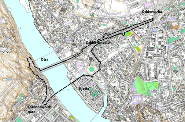 Planområde fo reguleringsplan - E18 Oddemarka–Tordenskjolds gate, sykkelstamvei