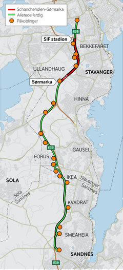 Kartet viser Sykkelstamvegen mellom Stavanger og Sandnes, samt alle påkoblingene langs den 13 km lange Sykkelstamvegen.