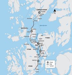 Oversiktskart over 55 km ny E39 mellom Stord og Os. Det er planlagt fem kryss. Sør på Tysnes har ein sett på ulike alternativ merka C2, C3, D1 og D2. Statens vegvesen tilrår alternativa C3 og D1. Traseen bygger på vedtatt kommunedelplan med konsekvensutgreiing frå 2019. Illustrasjon: Statens vegvesen.