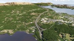 E39 Ådland-Svegatjørn. Illustrasjon av ny E39 frå Ådlandsvatnet og nordover.  Langenuen og Huglo ser ein oppe til høgre i bildet.
