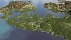 E39 Ådland-Svegatjørn. Illustrasjon av ny E39 mellom Søreid og bru over Bjørnafjorden. Vegen vekslar mellom tunnelar, veg i dagen og bruer.