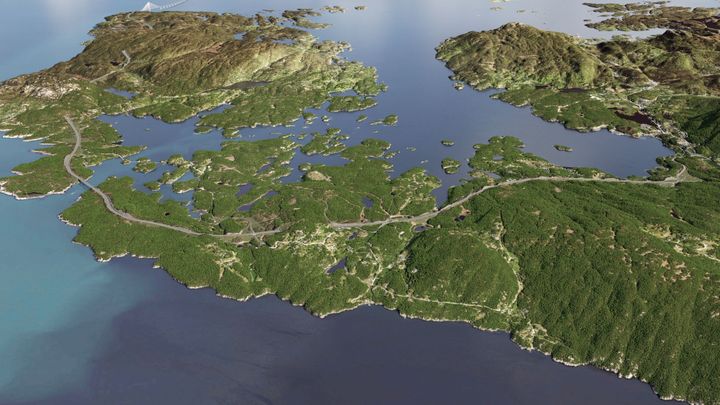 E39 Ådland-Svegatjørn. Illustrasjon av ny E39 mellom Søreid og bru over Bjørnafjorden. Vegen vekslar mellom tunnelar, veg i dagen og bruer.