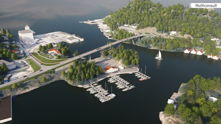 Illustrasjonen viser nye Eigerøy bru med to kjørefelt over sundet mellom Eigerøy og fastlandet i Eigersund kommune