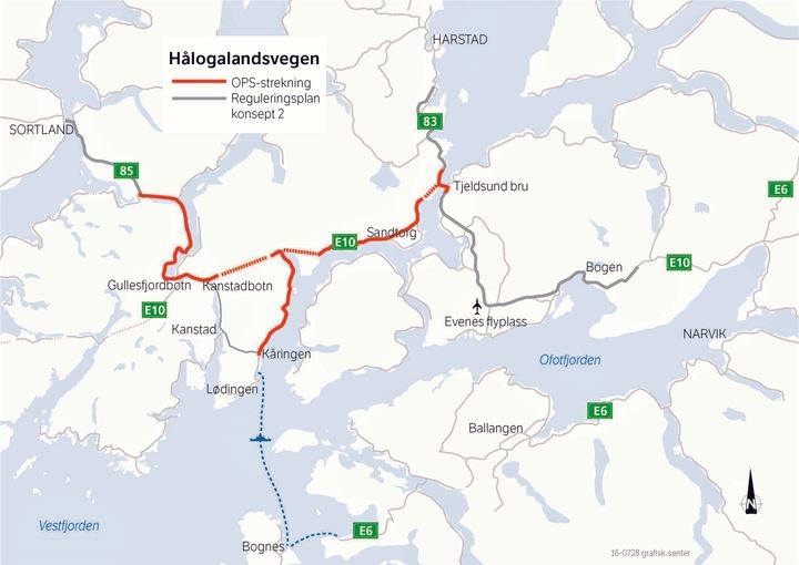 Bildet viser et kart over ny E10 som bygges mellom Harstad, Evenes, Lødingen og Sortland. Bildeteksten sier, En ny æra: Ny E10 vil gi trafikantene i Midtre Hålogaland helt andre omkjøringsmuligheter og langt bedre og mer forutsigbar fremkommelighet enn i dag.