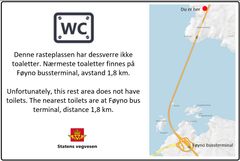 I løpet av august kjem dette skiltet opp på Digernes rasteplass like nord for Stordabrua på E39. Illustrasjon: Statens vegvesen