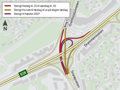 Kart med oversikt over hvilke ramper i Fornebukrysset som vil være stengt.