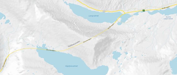 Oppljostunnelen er den øvste av dei tre tunnelane på rv. 15 Strynefjellet. Kart: Statens vegvesen