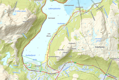 Kart over Karitinden og den delen av rv. 85 Statens vegvesen planlegger å stenge i en periode mellom kl. 11.00 og 13.00 torsdag 27. november.