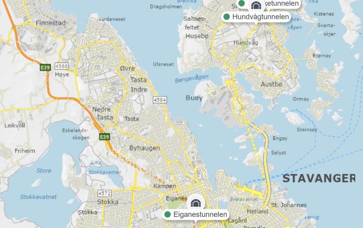 Statens vegvesen må stenge tre Stavanger-tunneler i forbindelse med inspeksjon. Kart: Statens vegvesen