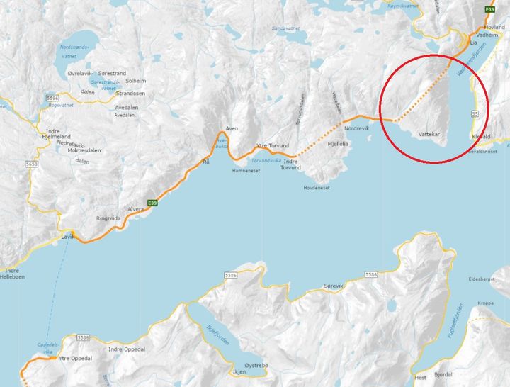 Bogstunnelen ligg rett nord for Sognefjorden, ikkje langt nordaust for Lavik ferjekai. Illustrasjon: Statens vegvesen