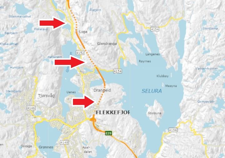 E39 Loga-, Drangeid- og Austadtunnelen (fra nord til sør). Illustrasjon: Statens vegvesen