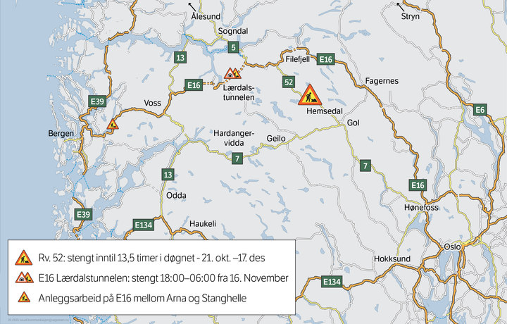 Kart som viser vegnettet i Sør-Norge og hvor riksveg 52 stenger.