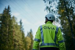 Illustrasjonsbilde. Elvia-montør med hjelm og arbeidsklær inspiserer en strømlinje som går gjennom skogen.