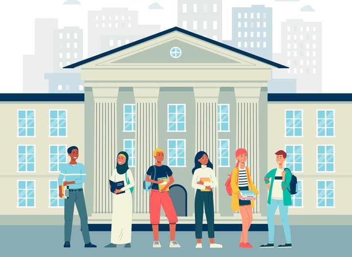 Illustrasjon av en mangfoldig gruppe studenter utenfor et universitet