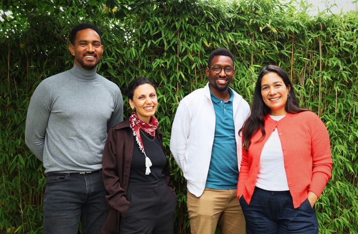 Portrettbilde av førsteamanuensis Ronald Mayora Synnes, rådgiver Rasha Abdallah, førsteamanuensis Eric Kimathi og førsteamanuensis Verónica Pájaro.