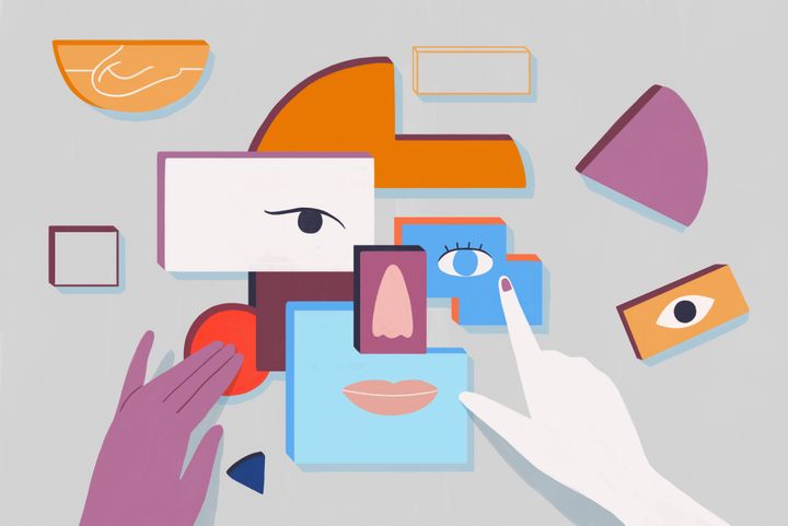 Illustrasjon av to hender som pusler sammen et ansikt i mange former, farger og deler