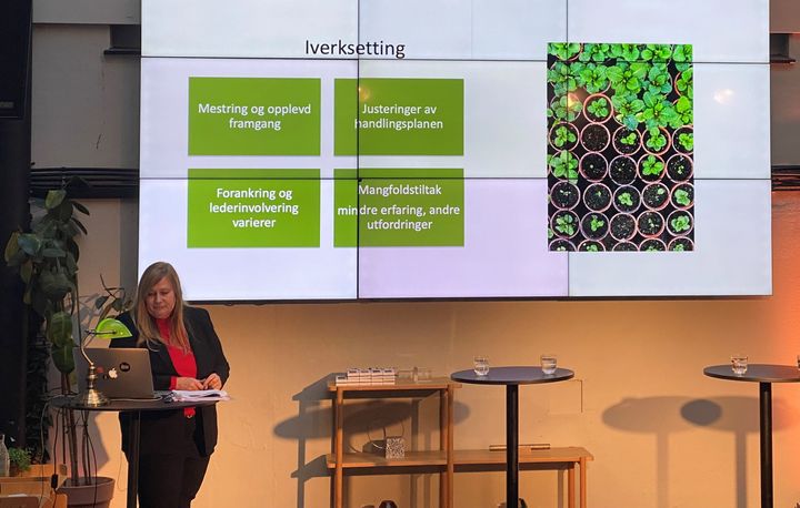 Bilde av forsker Brit Lynnebakke som presenterer funn fra rapport