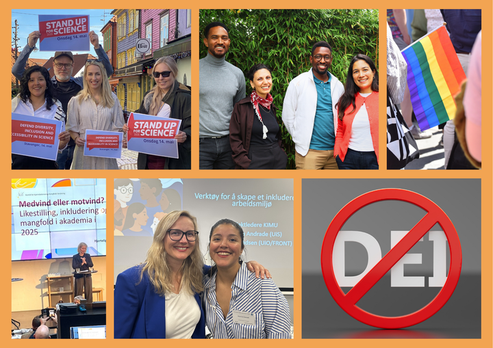 En samling ulike bilder med protest mot angrep på forskning, pride-flagg, grupper med forskere og likestillingsrådgivere, minister Sigrun Aasland og rødt kryss over DEI