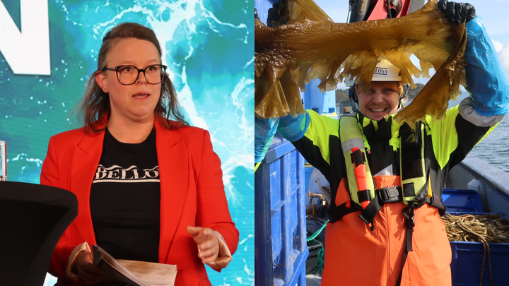 Seniorrådgiver Silje Båtsvik Risholm på scenen under regjeringens lansering av havbruksmeldingen, og prosjektleder Alexander Ugland på dekk under årets tarehøsting for Ocean Forest.