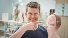 Mann peker på en hjerne på en undervisningsdukke